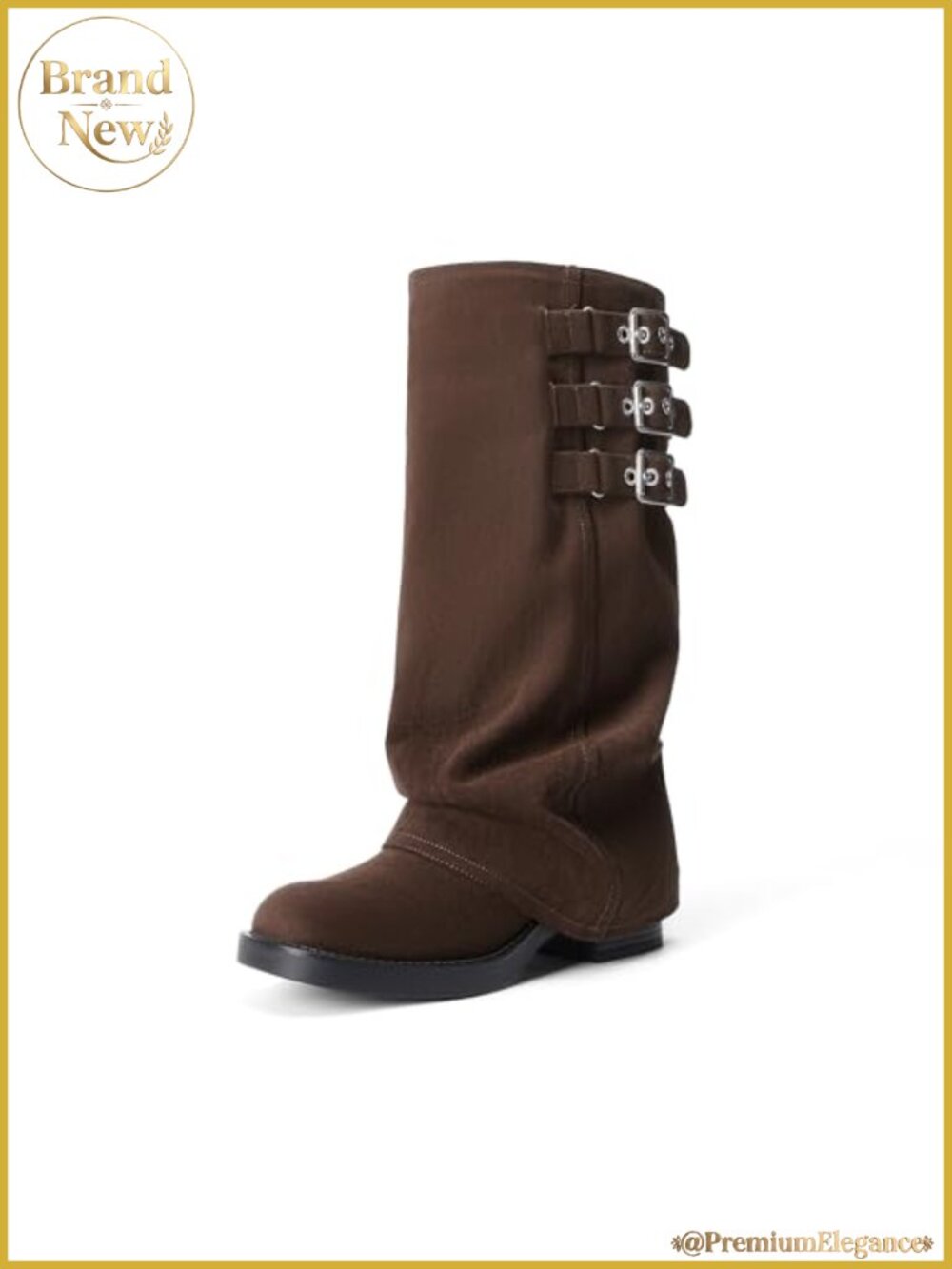Fold-Over Knee High Buckle Boots Faux Suede Block Heel